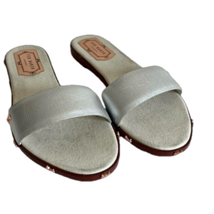 Ted Baker Kytti Slip on Sandals Silver Leather Gold Metal Bows Womens 9